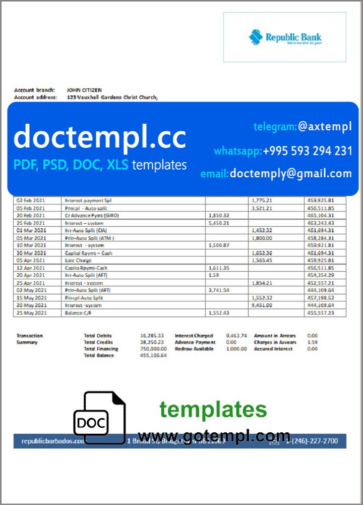 Barbados republic Bank statement template in Word and PDF format
