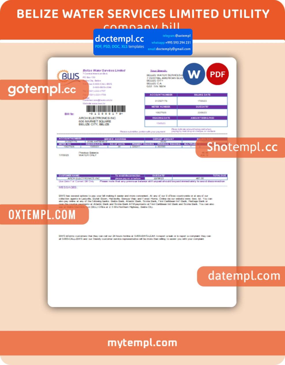 Belize Water Services Limited  business utility bill, PDF and WORD template