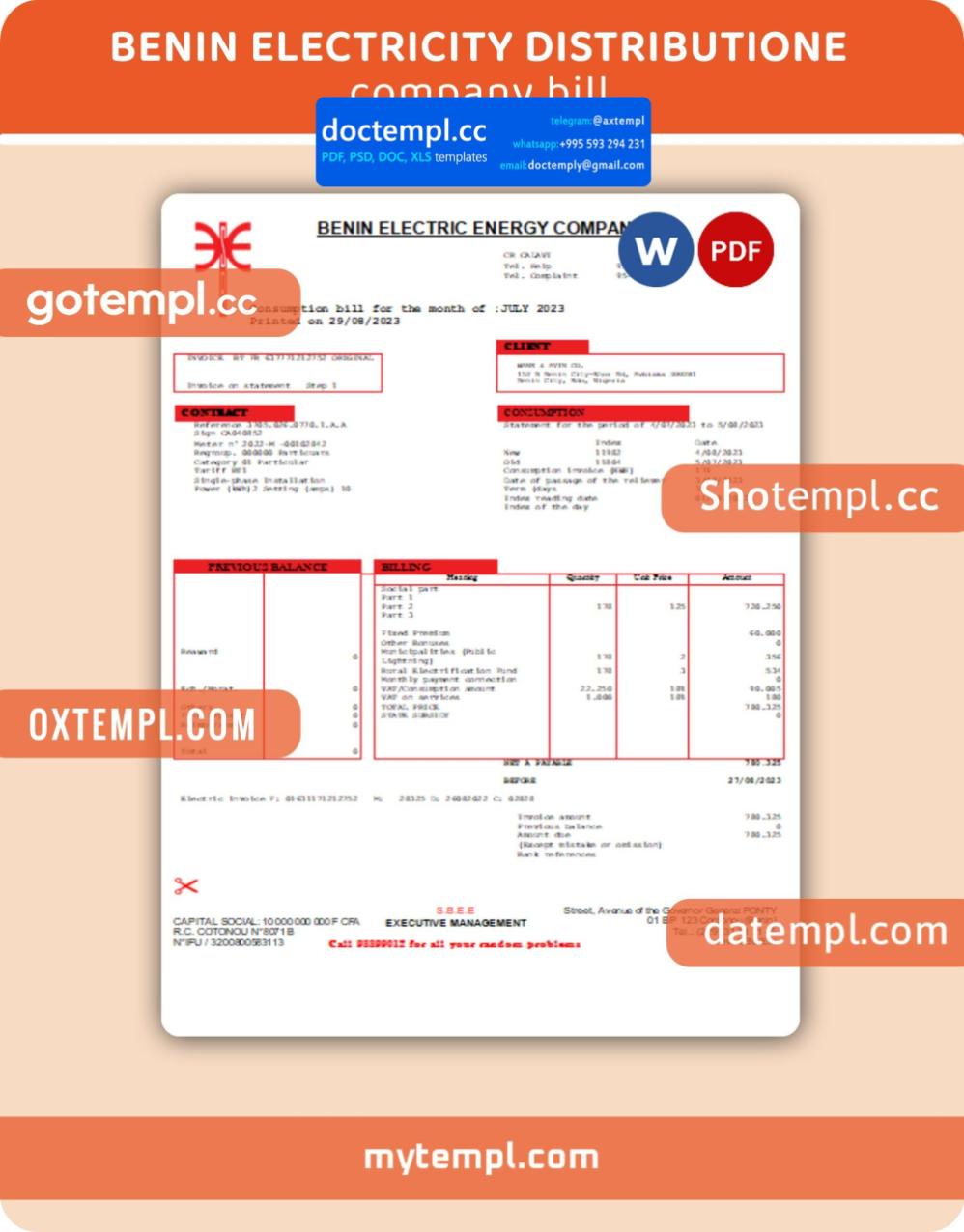 Benin Electricity Distribution Company Plc. business utility bill, Word and PDF template, 4 pages, version 3