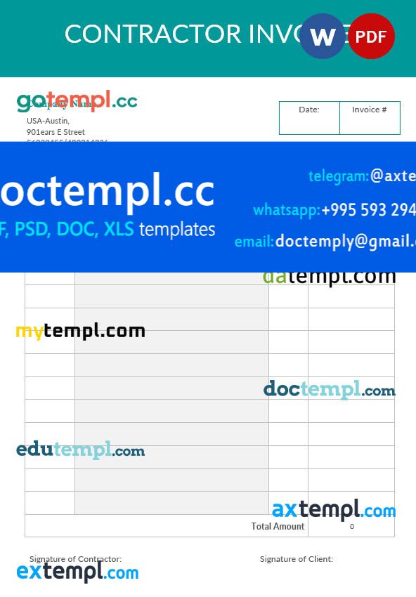 Blank Contractor Invoice template in word and pdf format