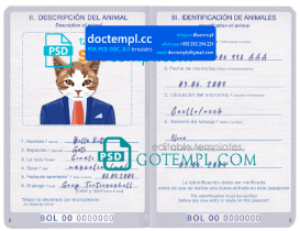 Bolivia cat (animal, pet) passport PSD template, completely editable
