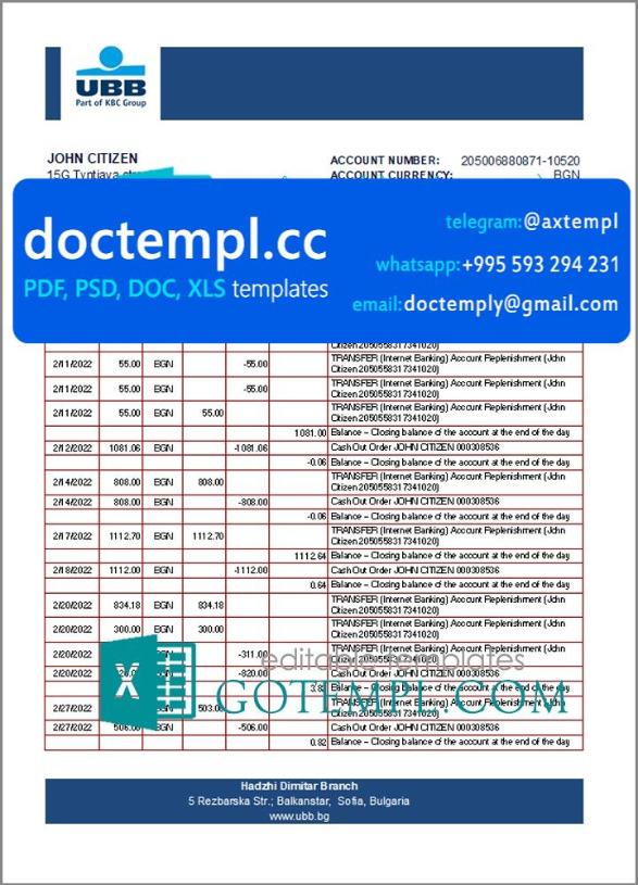 Bulgaria UBB bank statement template in Excel and PDF format