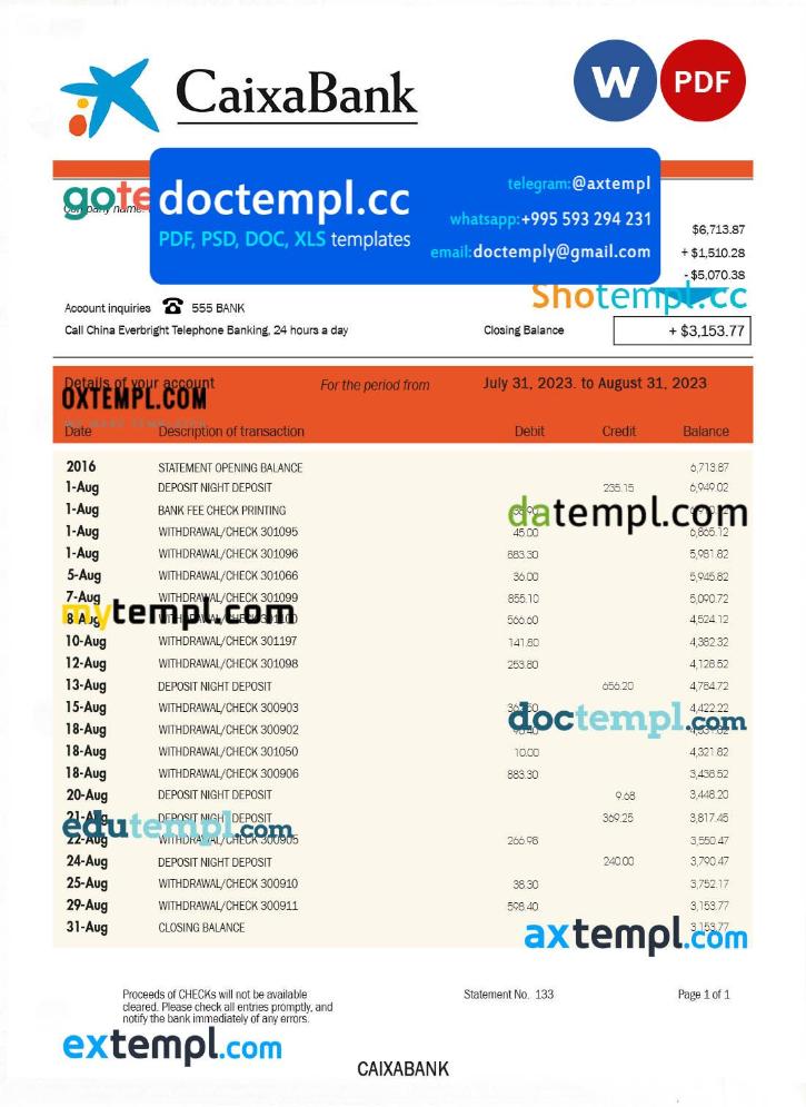 Caixabank company bank statement Word and PDF template