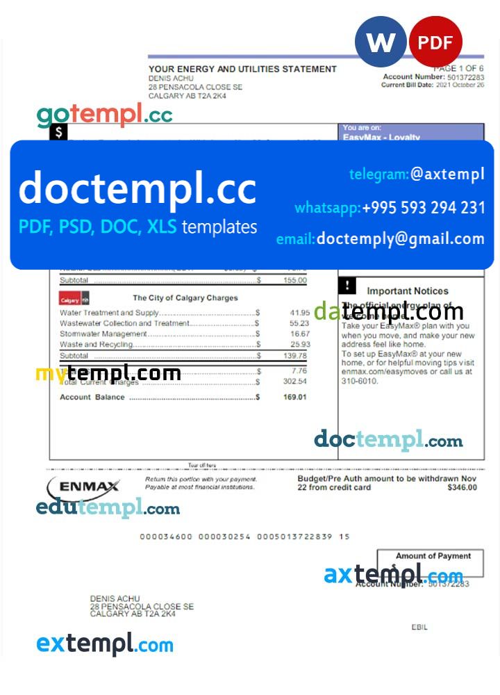 CANADA ENMAX utility bill Word and PDF template