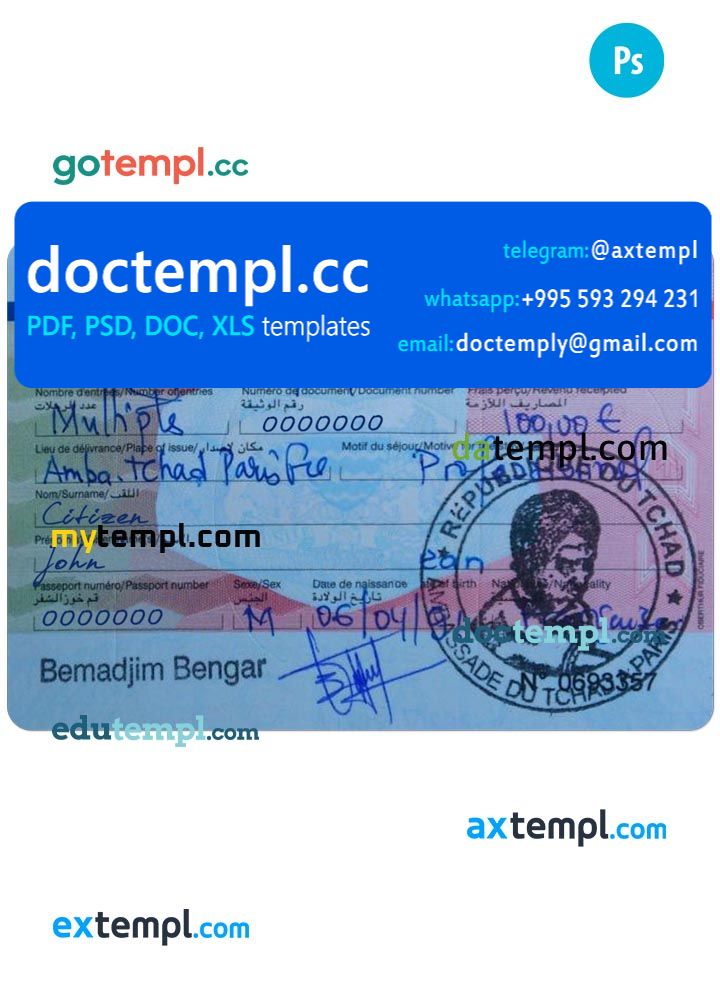 Chad visa PSD template, fully editable