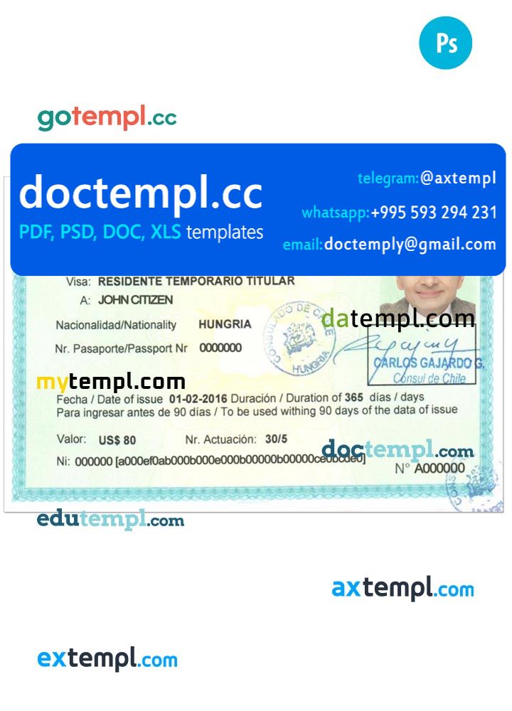 Chile visa PSD template, completely editable, with fonts