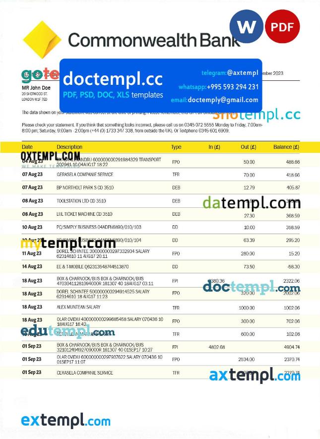 COMMONWEALTH Bank enterprise account statement Word and PDF template ...