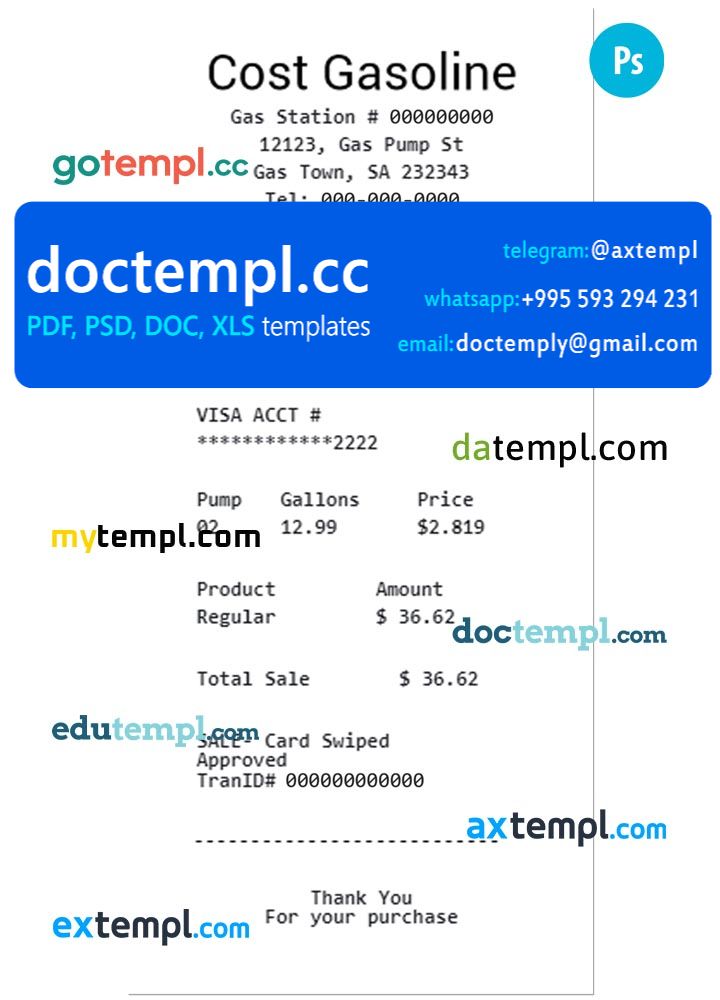 COST GASOLINE payment check PSD template