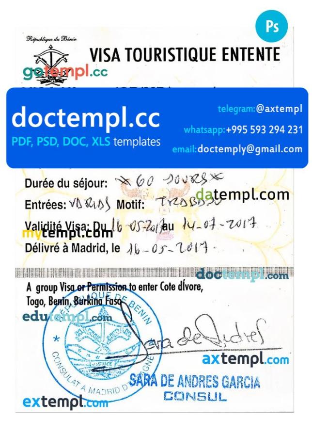 Cote D’Ivoire, Togo, Benin, Burkina Faso tourist visa PSD template, with fonts