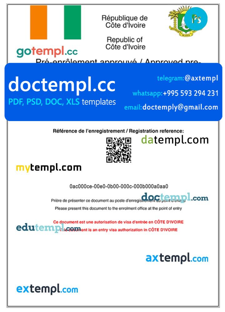 Cote D'Ivoire e-visa PSD template, with fonts