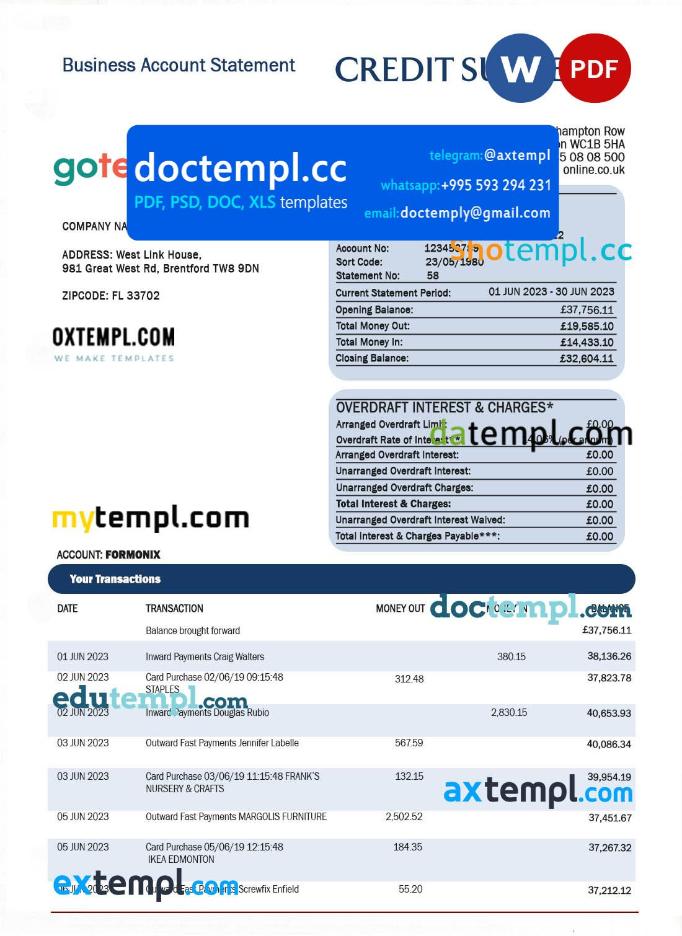 Credit Suisse bank corporate account statement Word and PDF template