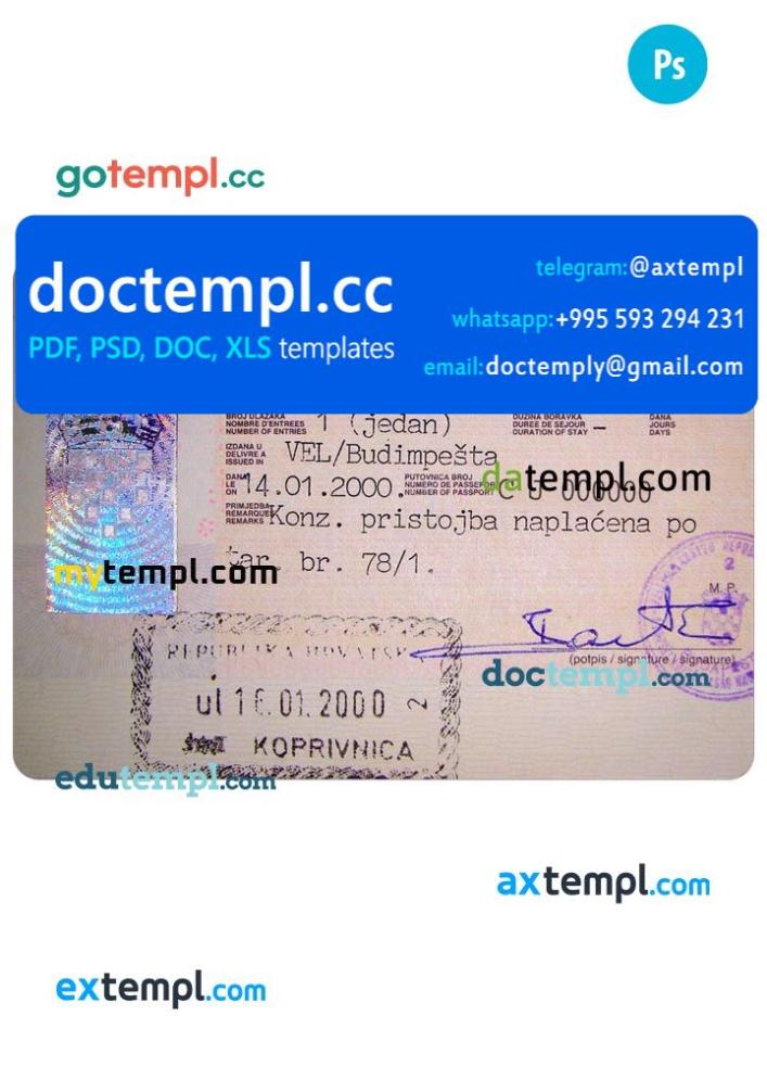 Croatia visa PSD template, completely editable, with fonts