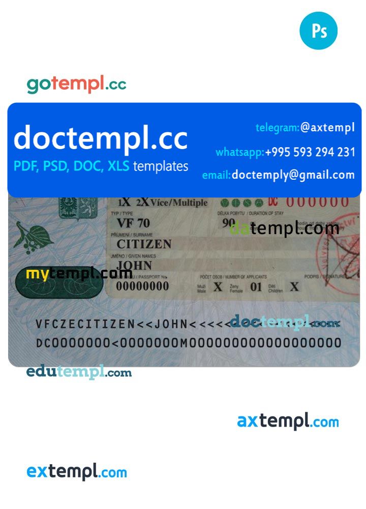 Czech visa PSD template, completely editable, with fonts