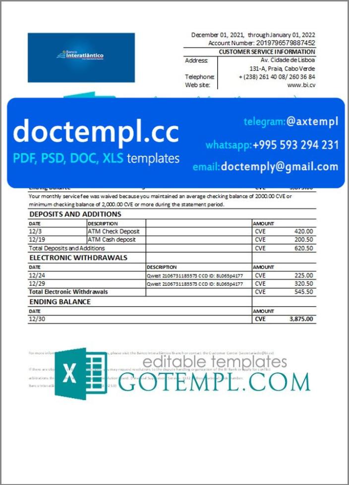 Cabo Verde Banco Inter-Atlântico bank statement Excel and PDF template (AutoSum)