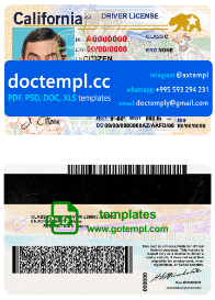 USA state California driving license template in PSD format (2018, January - present)