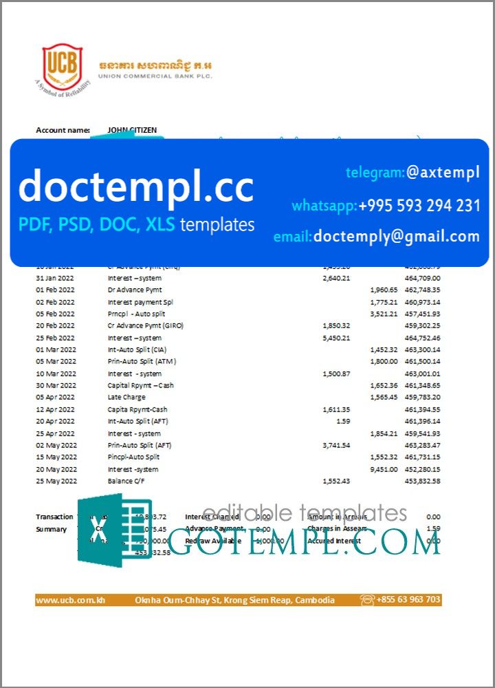 Cambodia Union Commercial bank statement Excel and PDF template, fully editable (AutoSum)