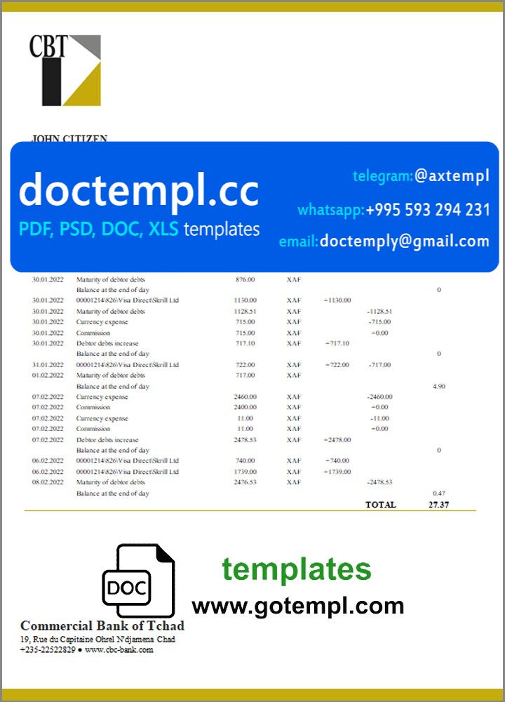 Chad Commercial Bank of Tchad bank statement template in Word and PDF format