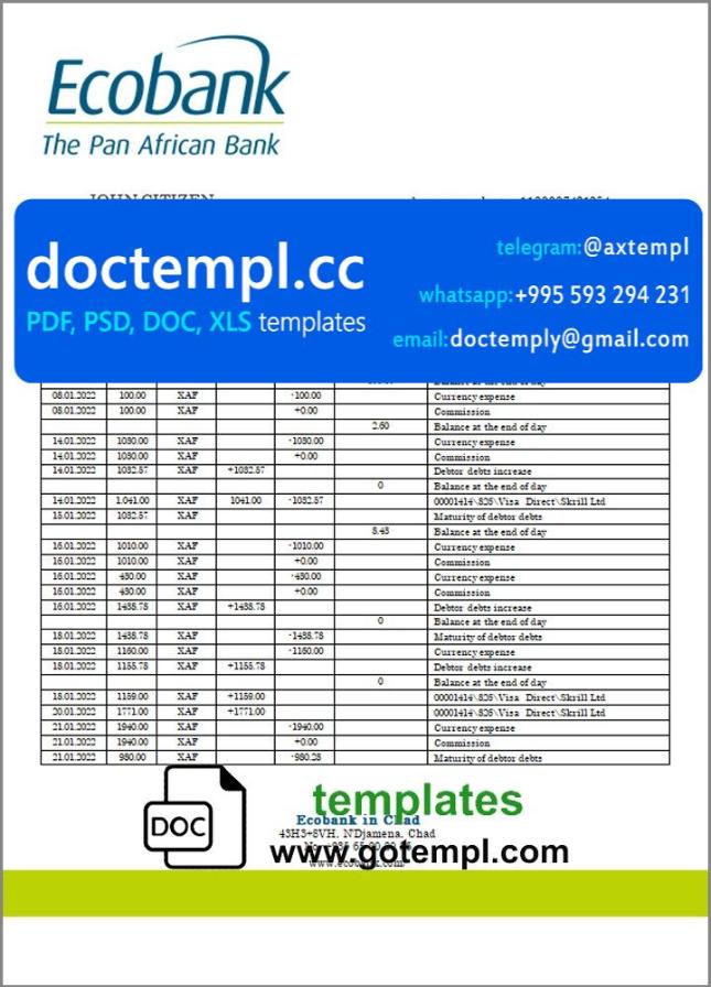 Chad Ecobank bank statement template in Word and PDF format