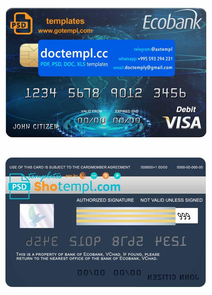 Chad Ecobank visa credit card template in PSD format, fully editable