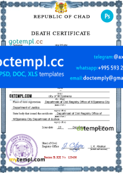Chad vital record death certificate PSD template, completely editable