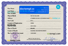 China death certificate PSD template, completely editable