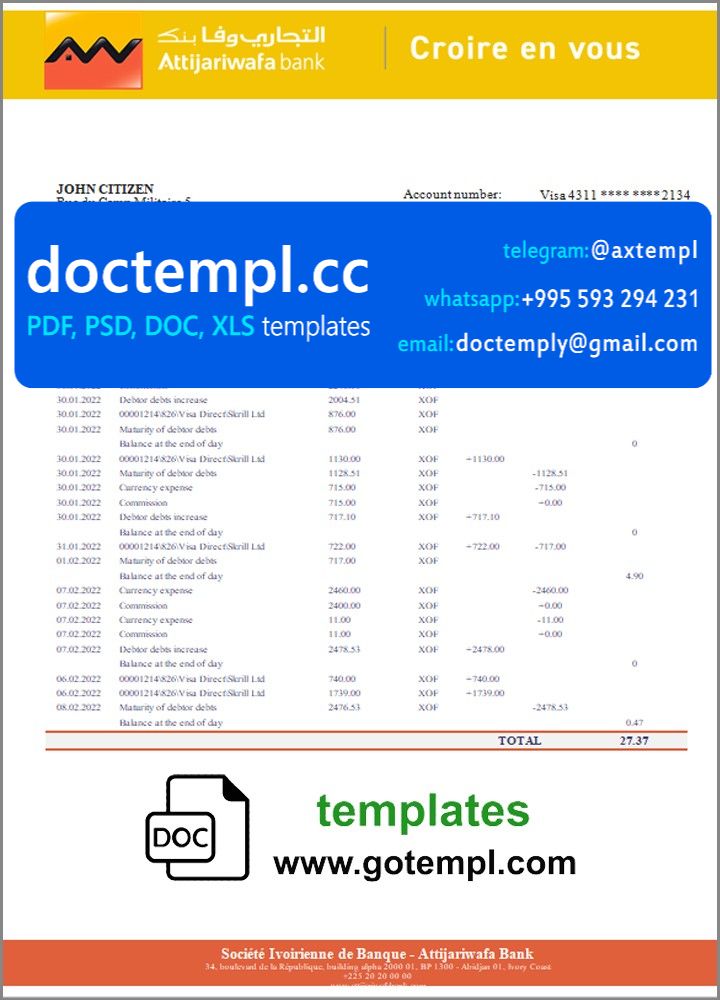 Cote d'Ivoire Attijariwafa bank statement template in Word and PDF format