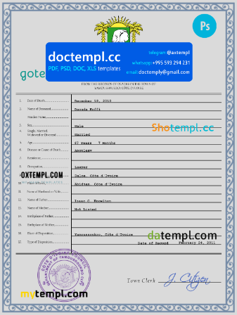 Côte d’Ivoire vital record death certificate PSD template, fully editable