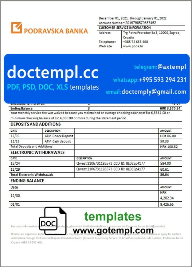Croatia Podravska bank statement template in Word and PDF format