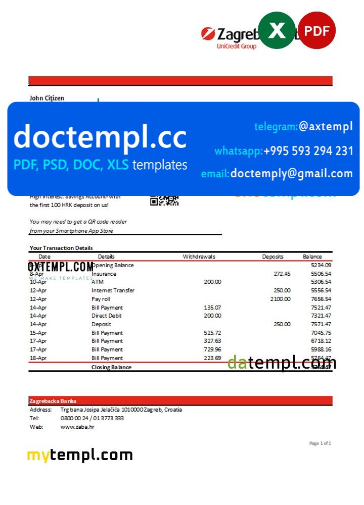 Croatia Zagrebačka Bank statement Excel and PDF template
