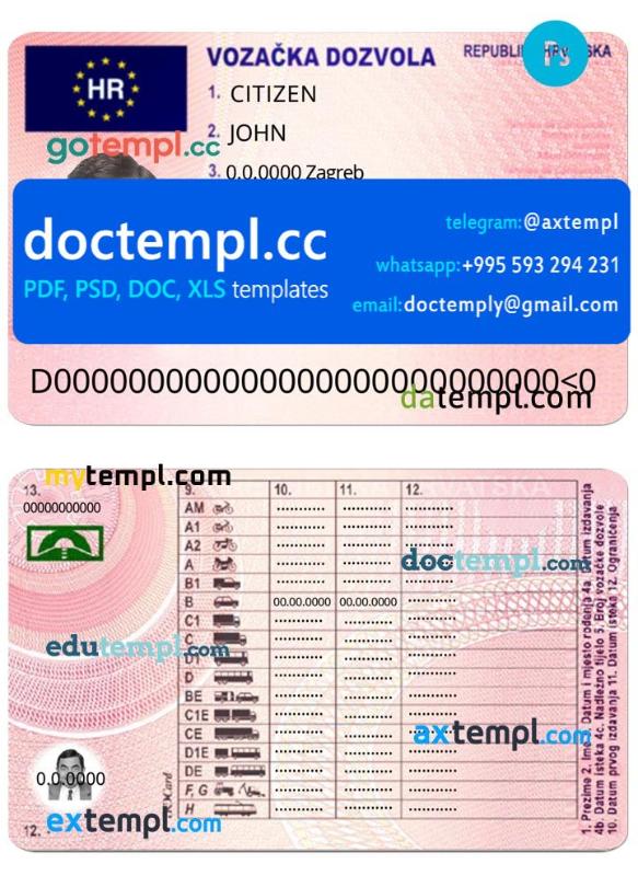 Croatia driving license template in PSD format, fully editable