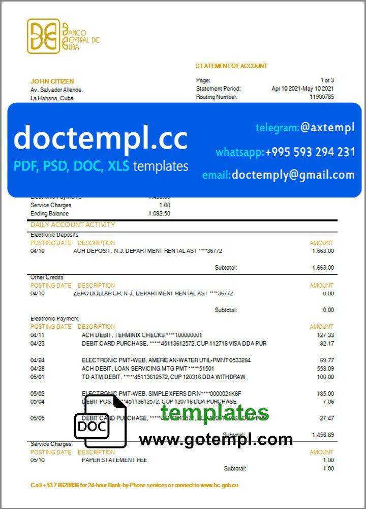 Cuba Banco Central de Cuba bank proof of address statement template in Word and PDF format