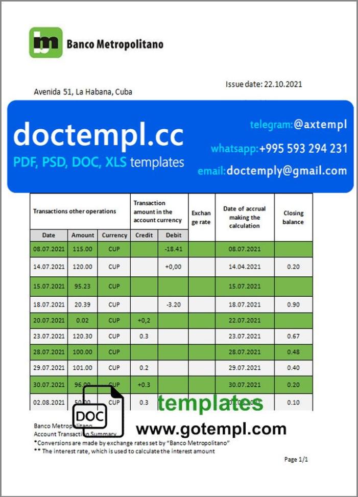 Cuba Banco Metropolitano bank proof of address statement template in Word and PDF format
