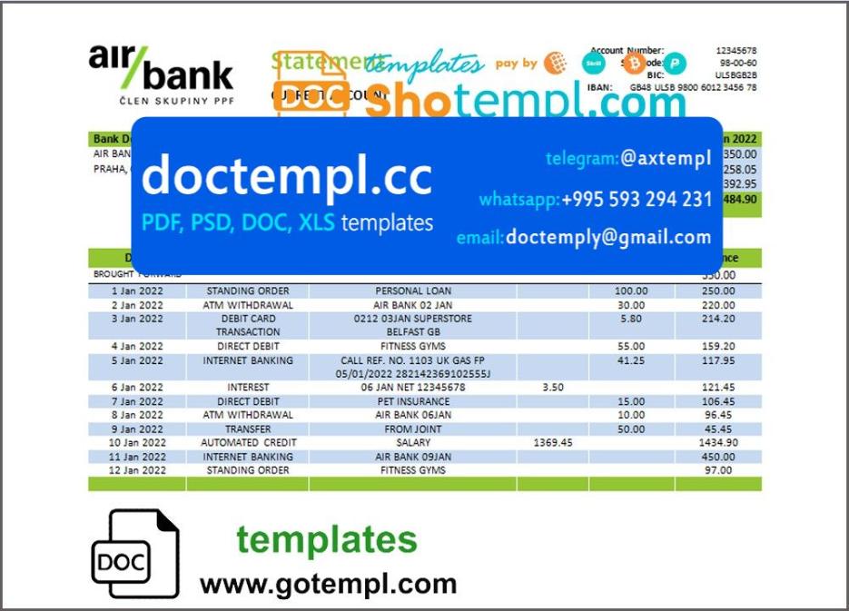Czechia Air bank statement template in Word and PDF format