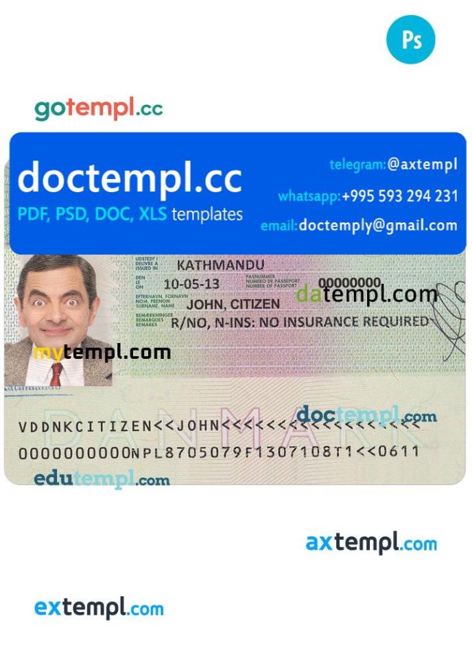 Denmark entrance visa PSD template, with fonts