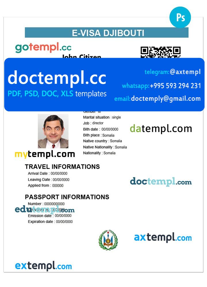Djibouti e-visa PSD template, fully editable