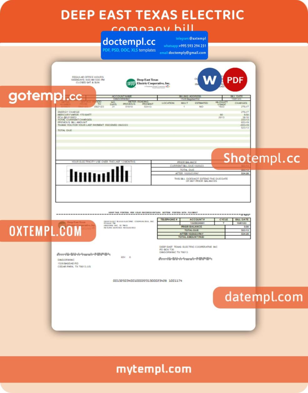 Deep East Texas Electric business utility bill, Word and PDF template