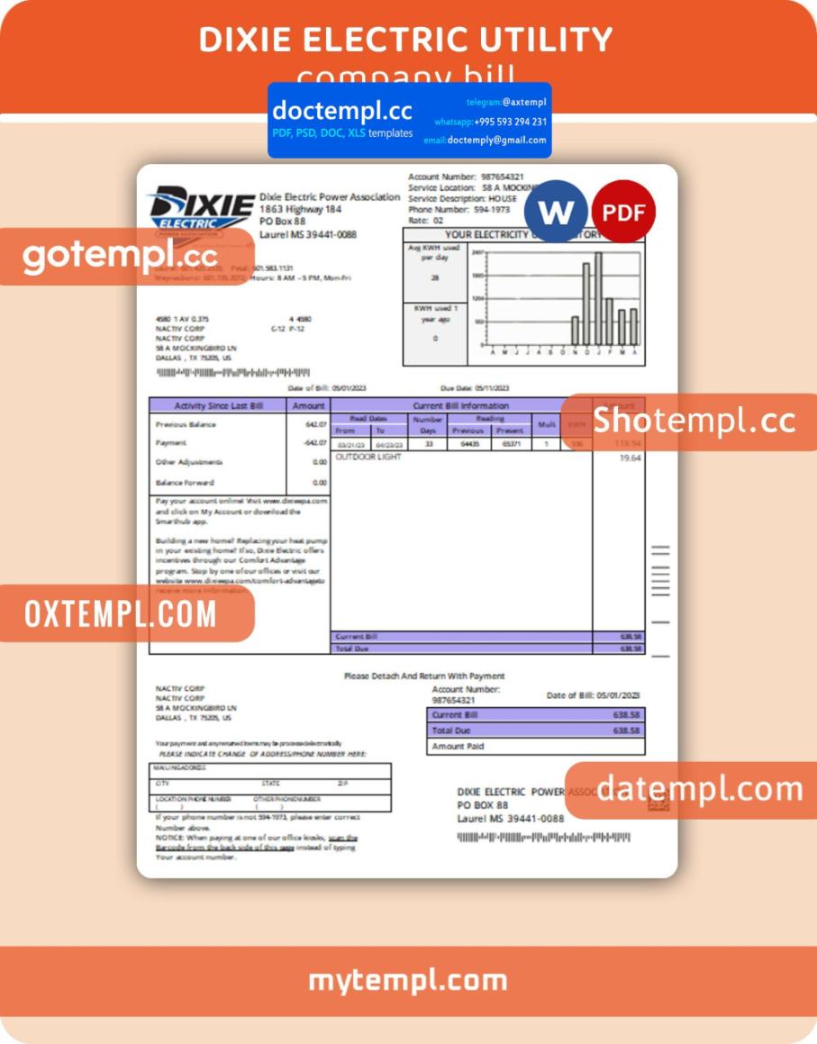 Dixie Electric business utility bill, PDF and WORD template