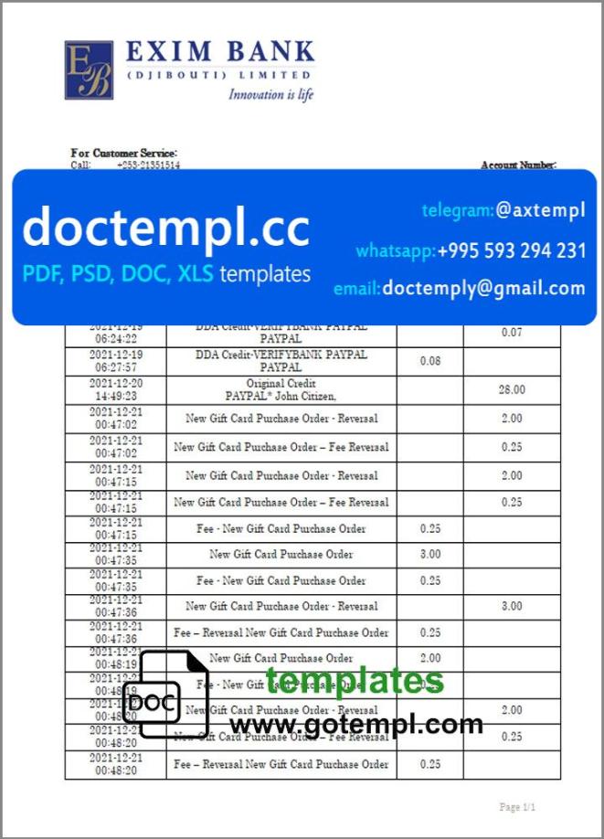 Djibouti Exim bank statement template in Word and PDF format