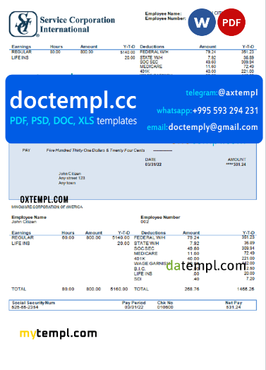 USA Service Corp. International consumer discretionary company pay stub Word and PDF template