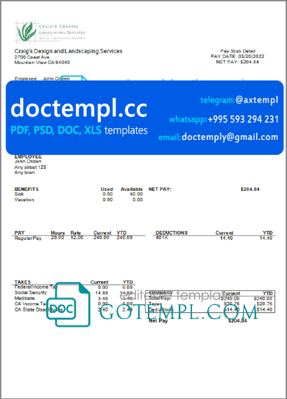 USA California design & landscaping services company pay stub template in Word and PDF format