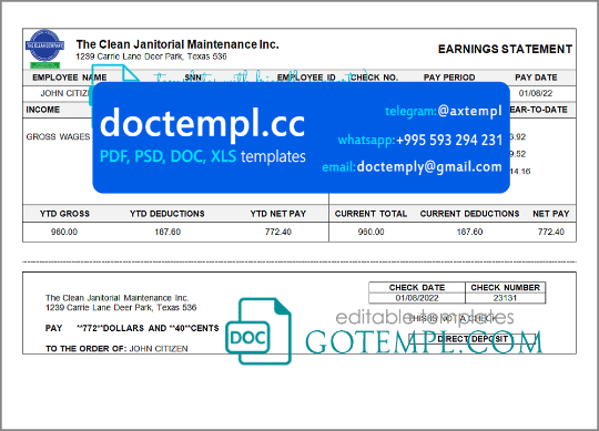 USA Texas commercial cleaning company earnings statement template in Word and PDF format