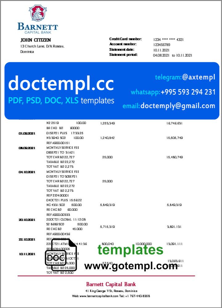 Dominica Barnett Capital bank statement template in Word and PDF format