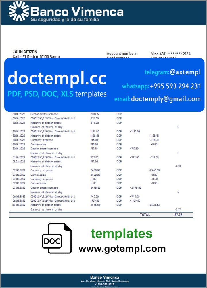Dominican Republic Banco Vimenca proof of address bank statement template in Word and PDF format