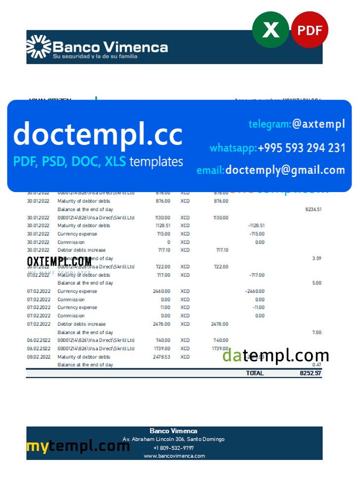 Dominican Republic Banco Vimenca bank statement Excel and PDF template