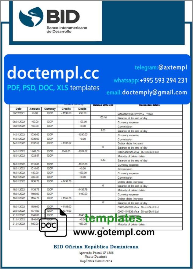 Dominican Republic Bid proof of address bank statement template in Word and PDF format