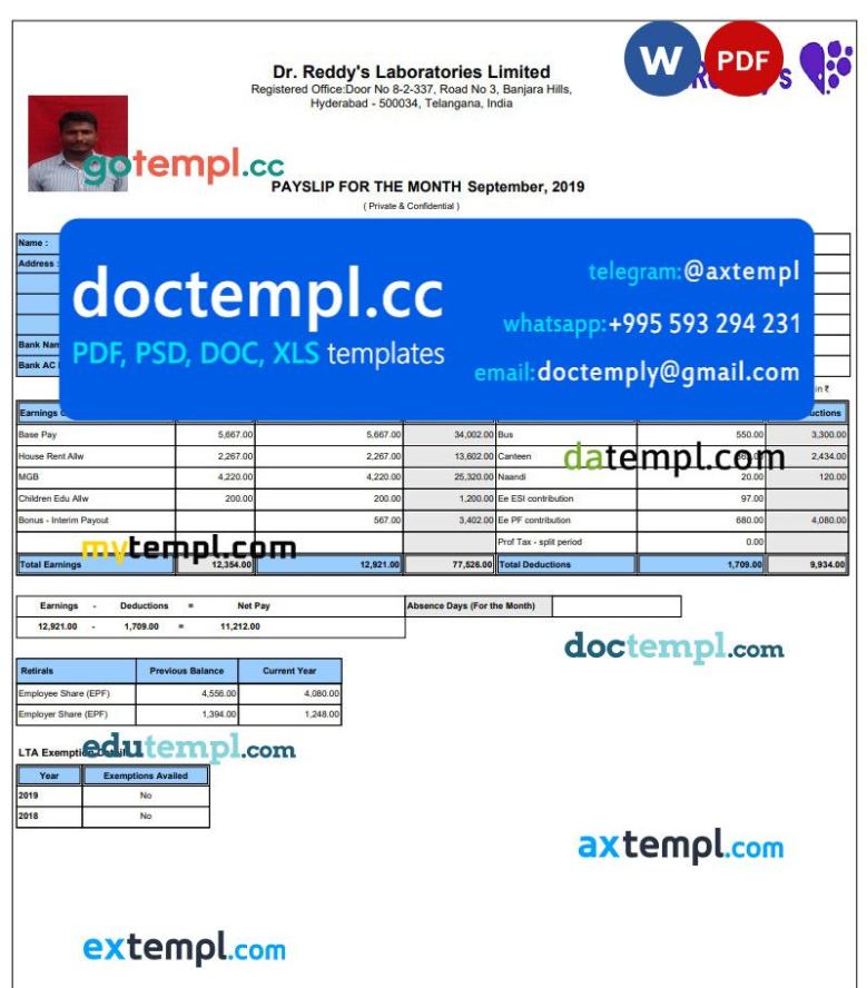 Dr. Reddy's Laboratories Limited pay stub template in PDF and Word format
