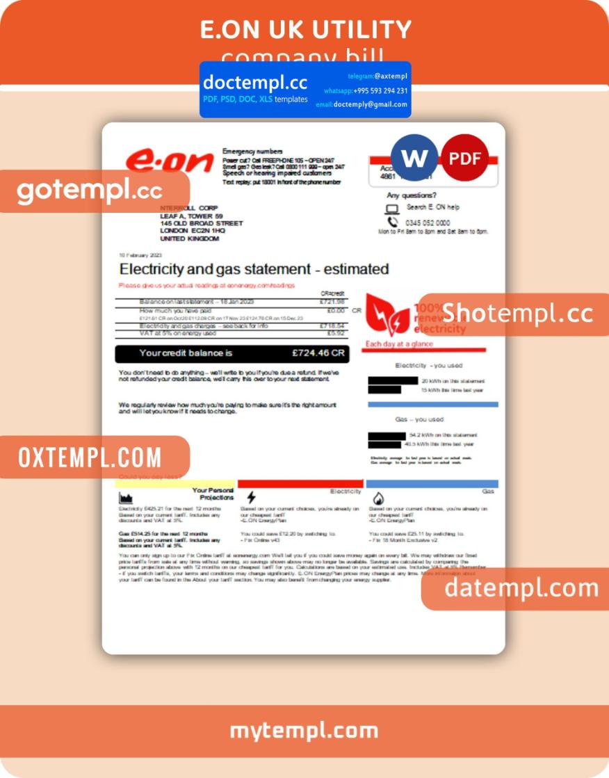 E.ON UK business utility bill, Word and PDF template, 2 pages