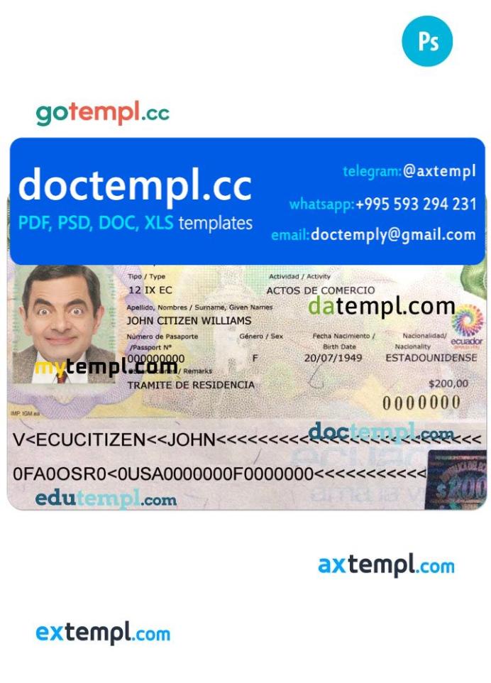 Ecuador entry visa PSD template, with fonts