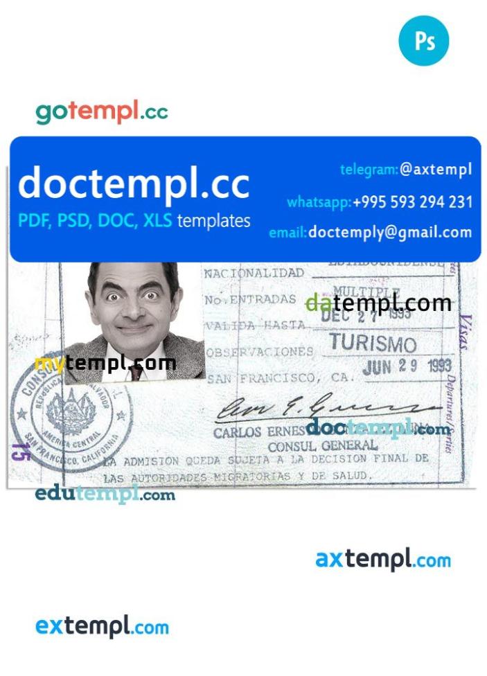 El Salvador travel visa PSD template, fully editable