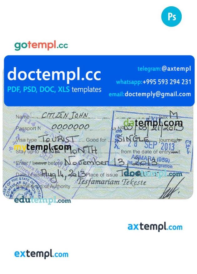 Eritrea travel visa PSD template, version 2